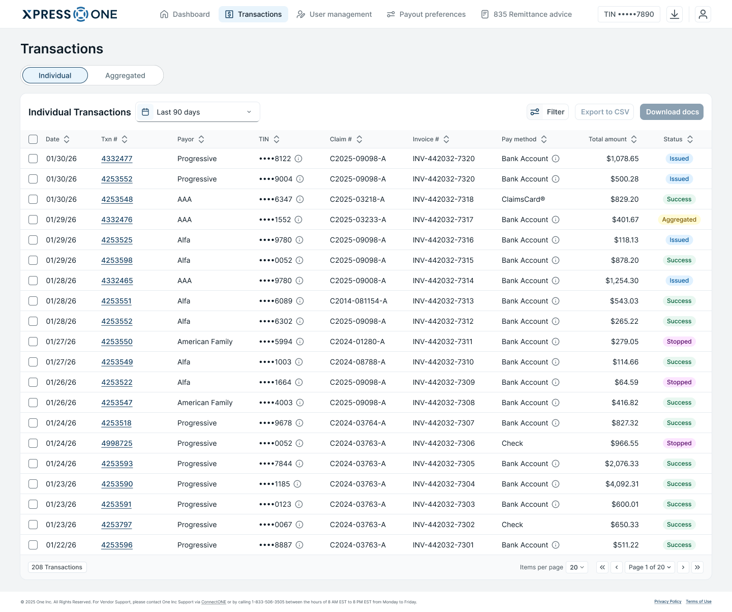 XpressOne transactions preview
